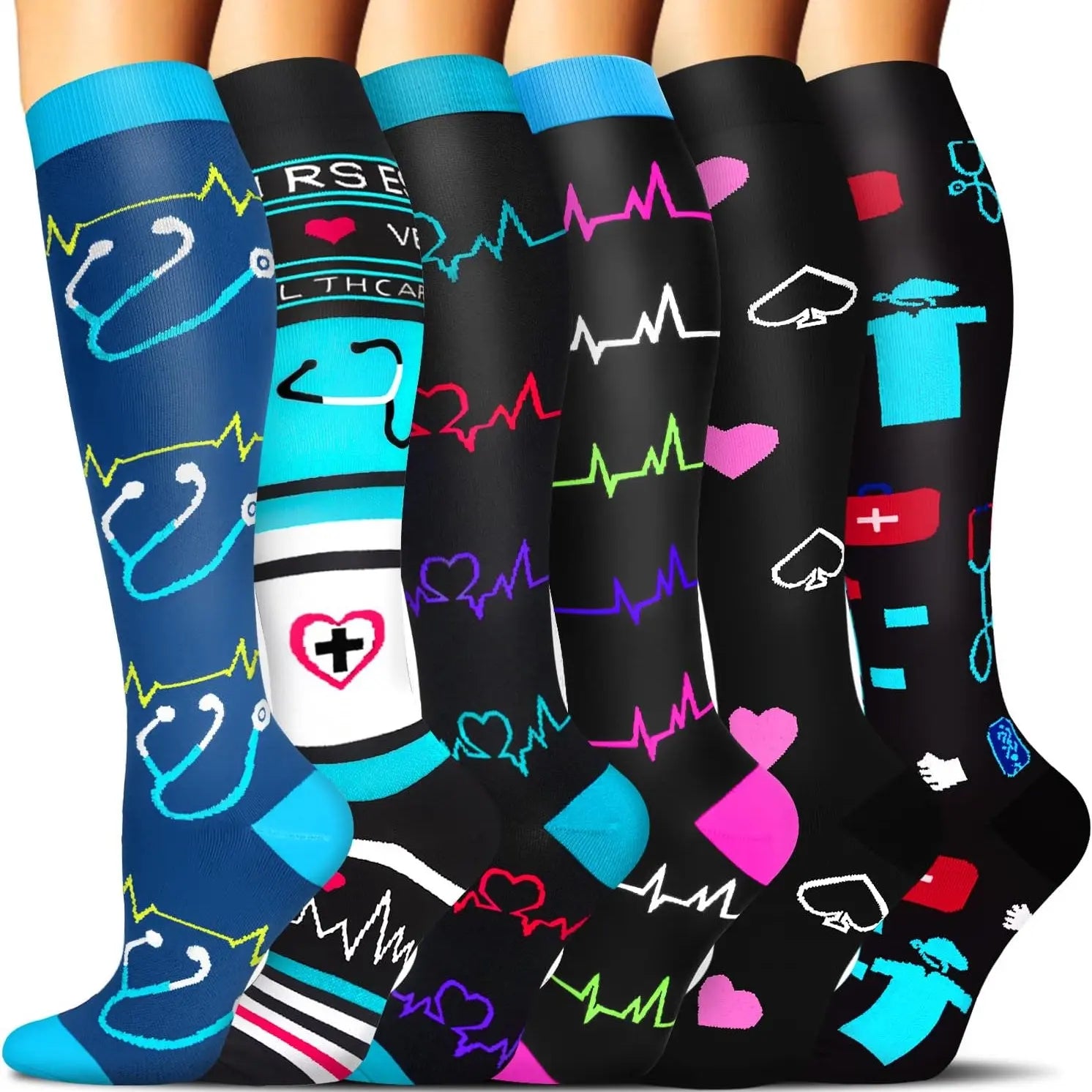 Tinylemon 6 Pairs Compression Socks for Women Men, 15-20 Mmhg Knee High Support Socks, Breathable Printed & Solid Socks for Nurses, Travel & Standing All Day
