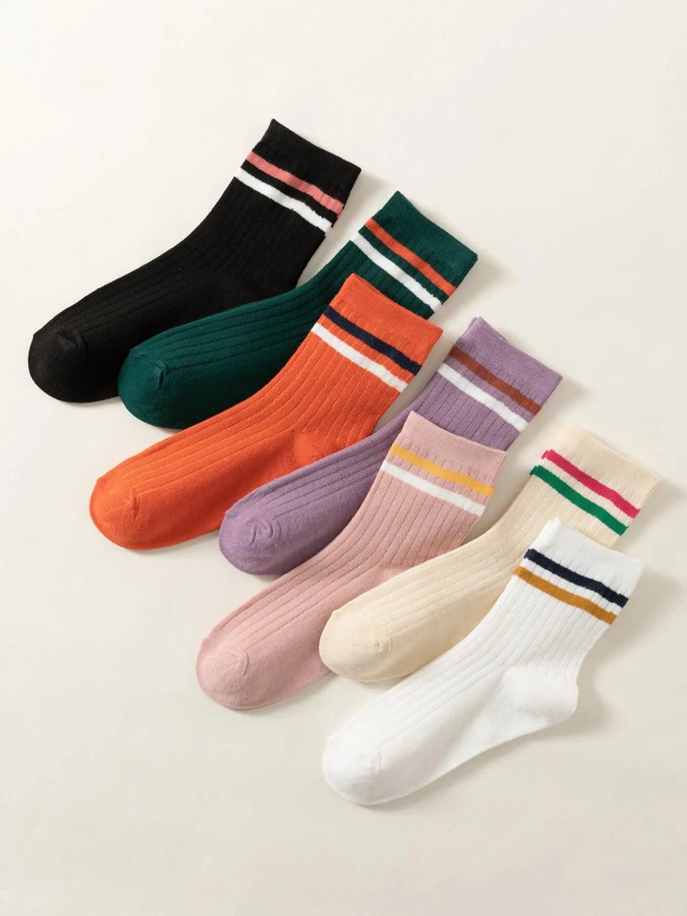 Women'S 7 Pairs Contrast Stripes Print Crew Socks, Casual Moisture Wicking Socks, Soft Comfy Breathable Socks for All Seasons Daily Wear