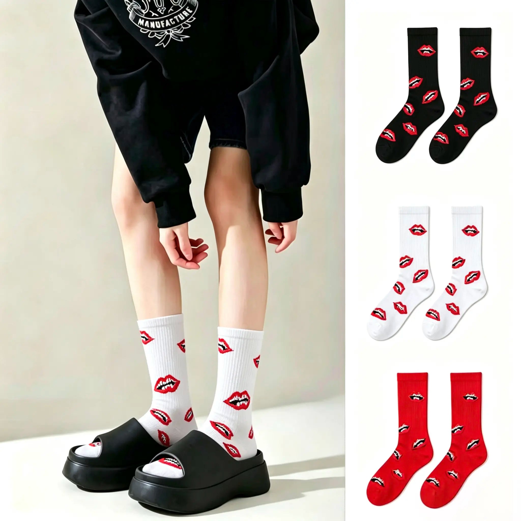 Happy to Socks Unisex Mid-Calf Socks, European & American Trendy Thick-Soled Lip Socks, Ideal Couple Gift
