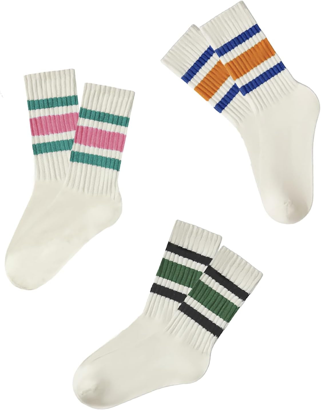 3 Pairs Women Striped Tube Socks Fun Novelty Cute Crew Socks Retro Sport Mid-Calf Socks for Women Grils