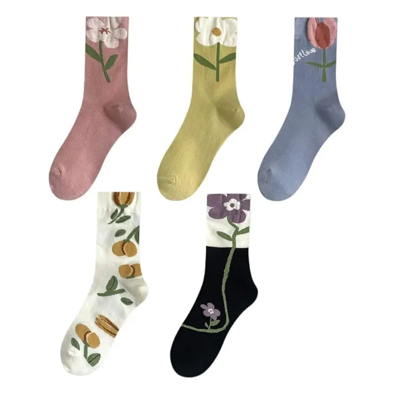 Women'S 5-Pair Floral Crew Tube Socks Set - Polyester-Cotton Mid-Length Casual Socks with Cute Prints for Everyday Use, Outfit Matching (Spring/Summer Style)