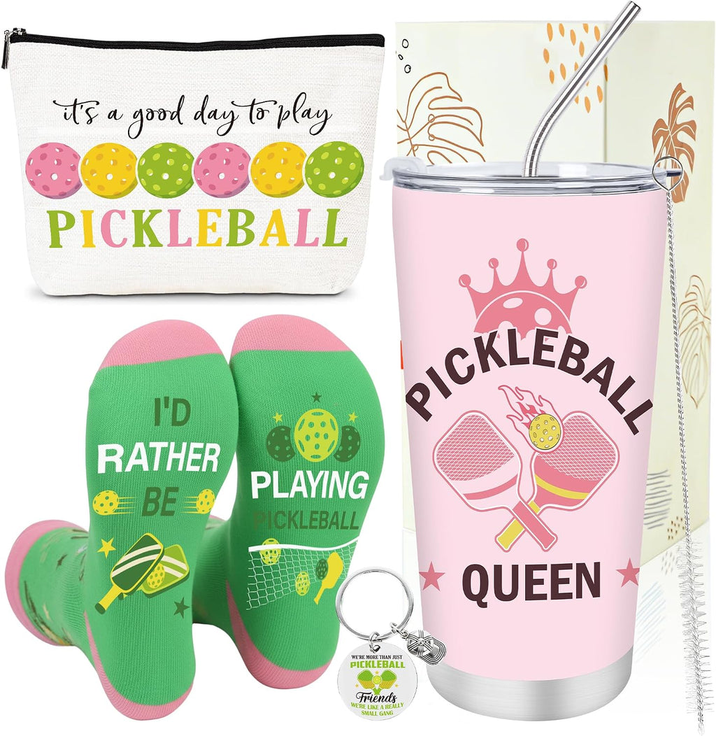 4Pcs Pickleball Gifts for Women Christmas Mother'S Day Appreciation | 20Oz PB Tumbler, Makeup Bag, Sock, Keychain, with Lid Straw Brush, Insulated, Leak Proof, Spill Proof, Pickleball Accessorie