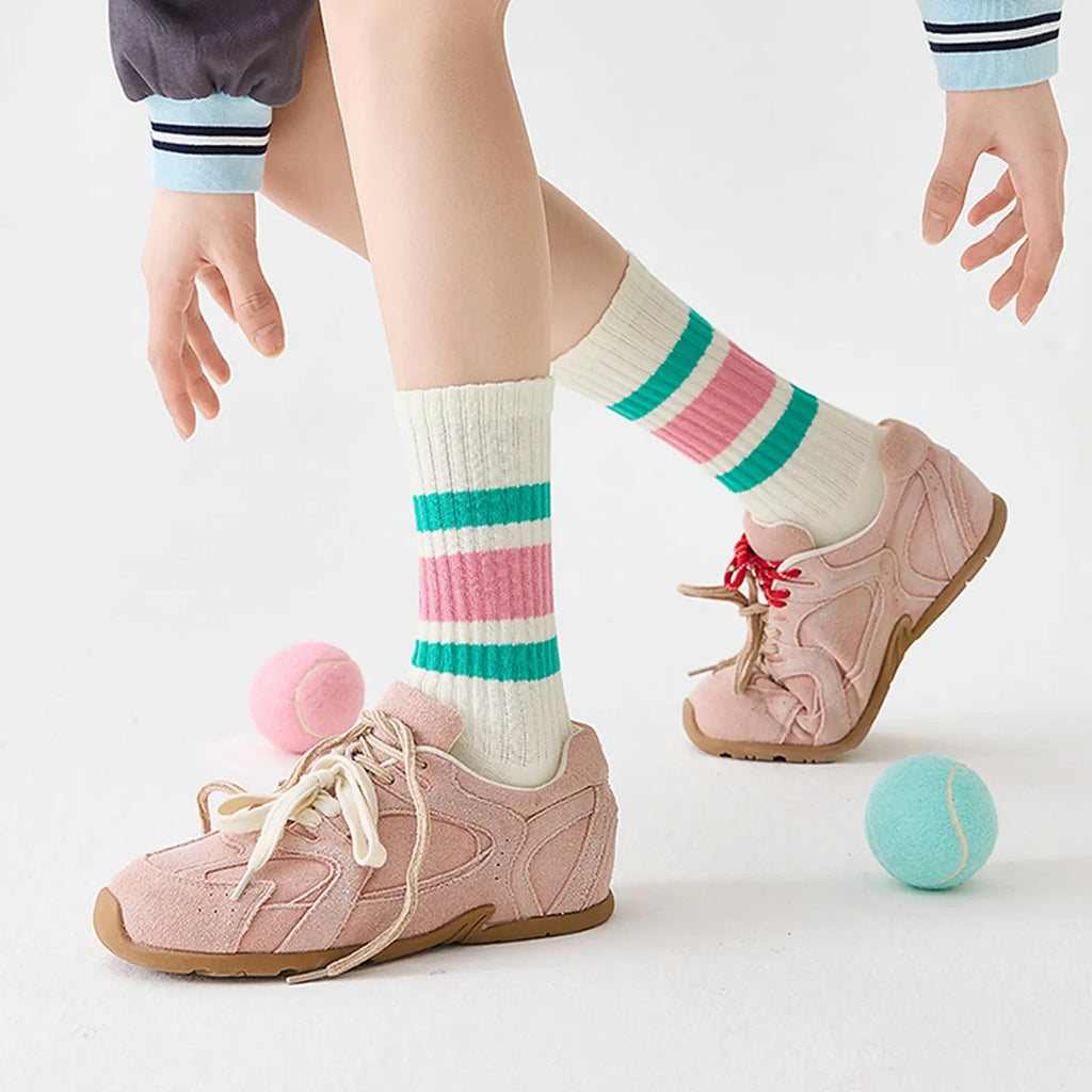 Fun Novelty Retro Striped Crew Socks for Women Sporty Calf Casual Cotton Tube Socks Women 3 Pairs Natural 88% Cotton Crew Socks - Seamless, Breathable, Cozy Spring and Summer Socks for Women 5.5~10.5