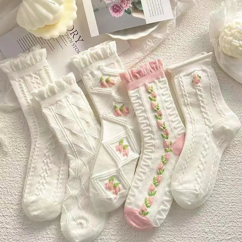 5 Pairs White Cute Socks,Christmas Socks Warm Gif,Pink Socks,Women'S Lace Ruffles Ankle Casual Sock, Cottagecore Breathable Mid Tube Socks,Floral Crew Socks