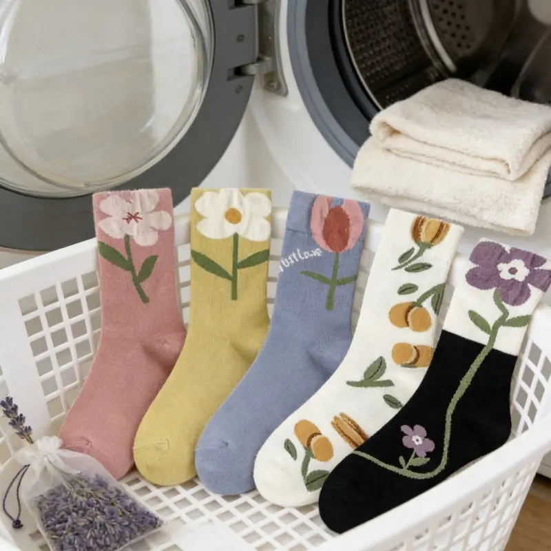 Women'S 5-Pair Floral Crew Tube Socks Set - Polyester-Cotton Mid-Length Casual Socks with Cute Prints for Everyday Use, Outfit Matching (Spring/Summer Style)