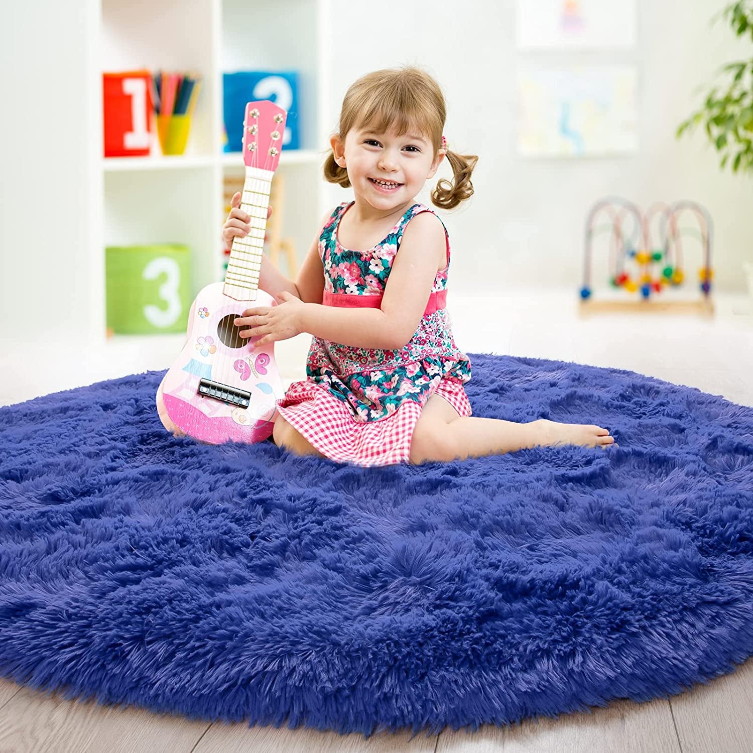 round Rug 6X6 Feet Fluffy Soft Area Rugs for Kids Girls Room Princess Castle Plush Shaggy Carpet Cute Circle Nursery Rug for Kids Teen'S Bedroom Home Decor Large Circular Carpet, Navy Blue