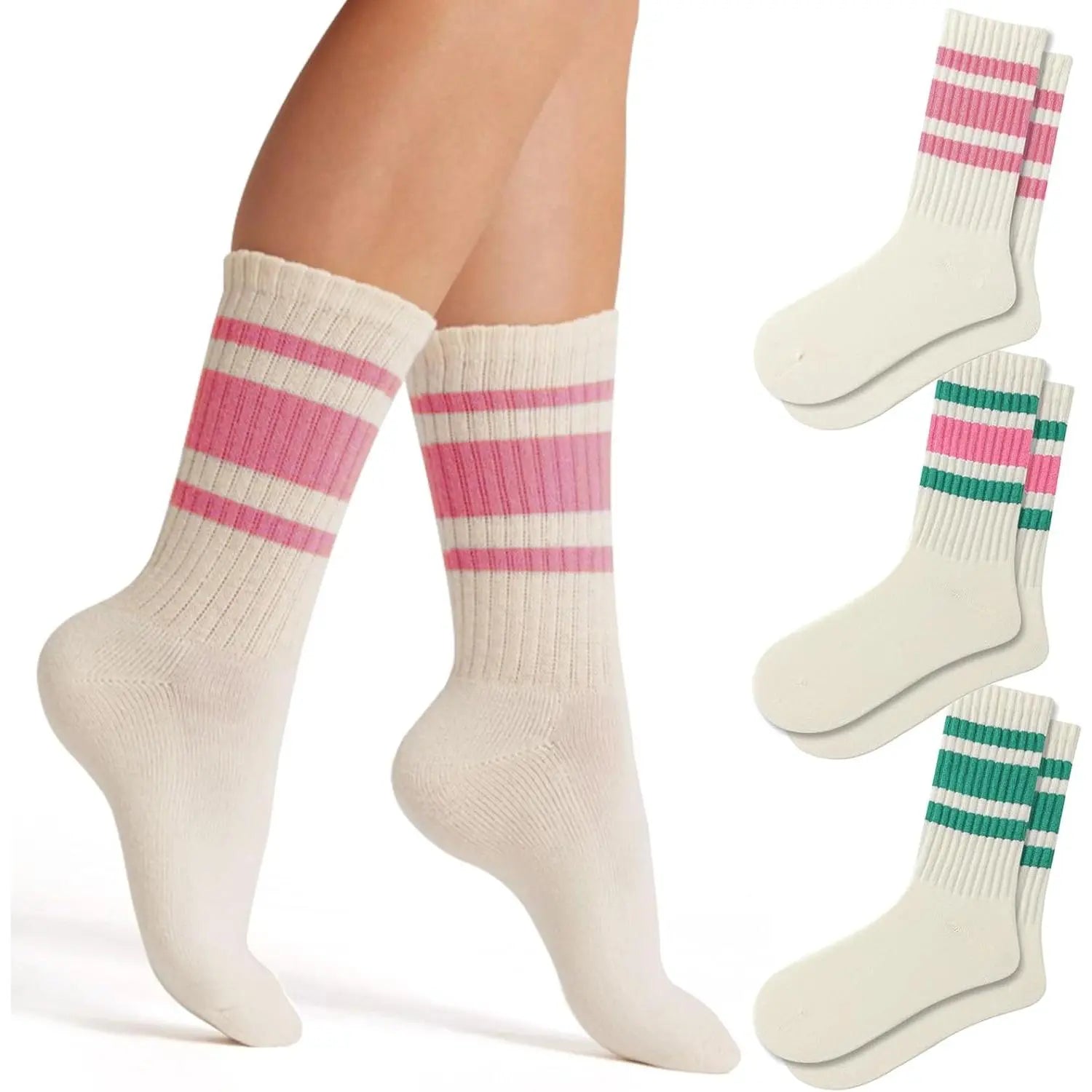 Fun Novelty Retro Striped Crew Socks for Women Sporty Calf Casual Cotton Tube Socks Women 3 Pairs Natural 88% Cotton Crew Socks - Seamless, Breathable, Cozy Spring and Summer Socks for Women 5.5~10.5