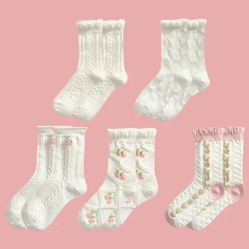 5 Pairs White Cute Socks,Christmas Socks Warm Gif,Pink Socks,Women'S Lace Ruffles Ankle Casual Sock, Cottagecore Breathable Mid Tube Socks,Floral Crew Socks