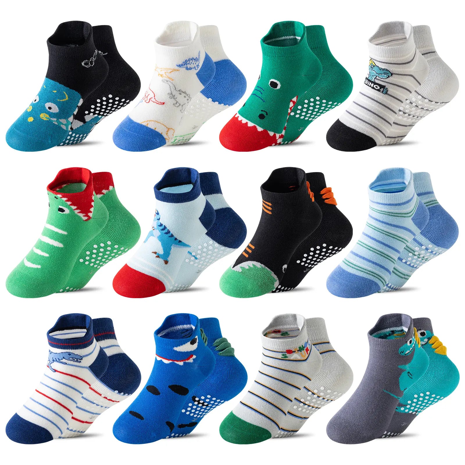 12 Pairs Baby Boys Toddlers Grips Socks Kids Non Slip anti Skid Ankle Cotton No Show Socks with Grippers Shark Socks