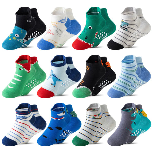 12 Pairs Baby Boys Toddlers Grips Socks Kids Non Slip anti Skid Ankle Cotton No Show Socks with Grippers Shark Socks