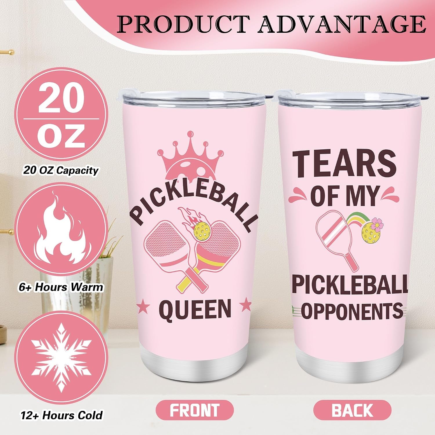 4Pcs Pickleball Gifts for Women Christmas Mother'S Day Appreciation | 20Oz PB Tumbler, Makeup Bag, Sock, Keychain, with Lid Straw Brush, Insulated, Leak Proof, Spill Proof, Pickleball Accessorie