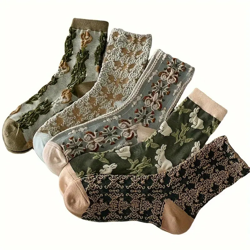 Women'S Crew Socks, Cute Floral Socks, Vintage Embroidered Floral Design, Ladies Girls Casual Socks,10 Pairs Womens Floral Socks, Spring Socks, Vintage Embroidered Floral Design, Comfortable Ankle Ruffled Socks for Women, Mother'S Day Gift