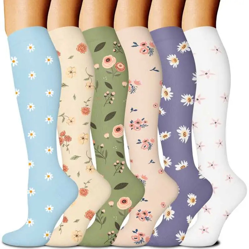 Tinylemon 6 Pairs Compression Socks for Women Men, 15-20 Mmhg Knee High Support Socks, Breathable Printed & Solid Socks for Nurses, Travel & Standing All Day