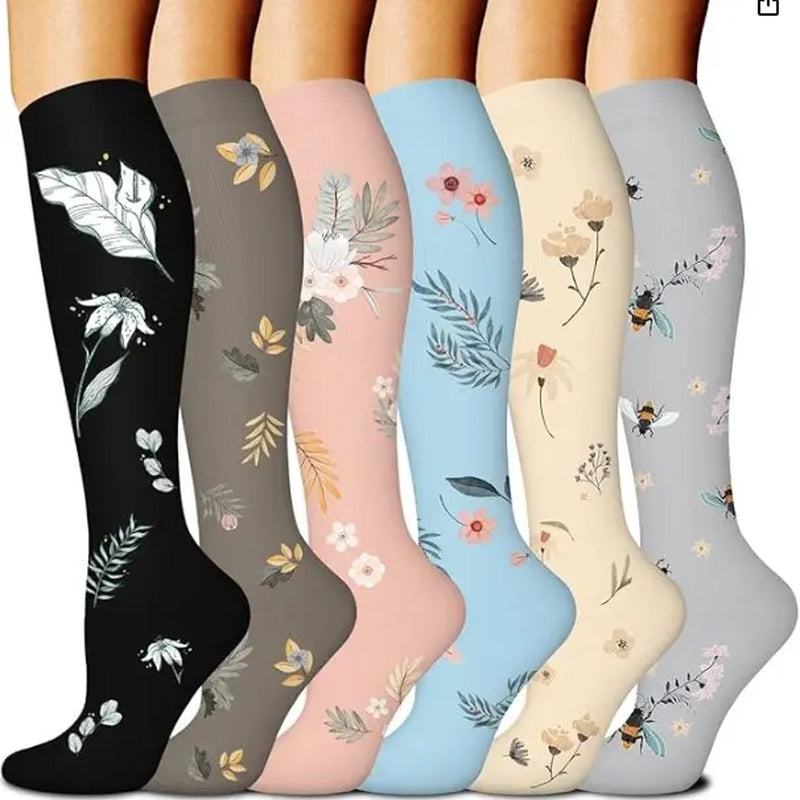 Tinylemon 6 Pairs Compression Socks for Women Men, 15-20 Mmhg Knee High Support Socks, Breathable Printed & Solid Socks for Nurses, Travel & Standing All Day