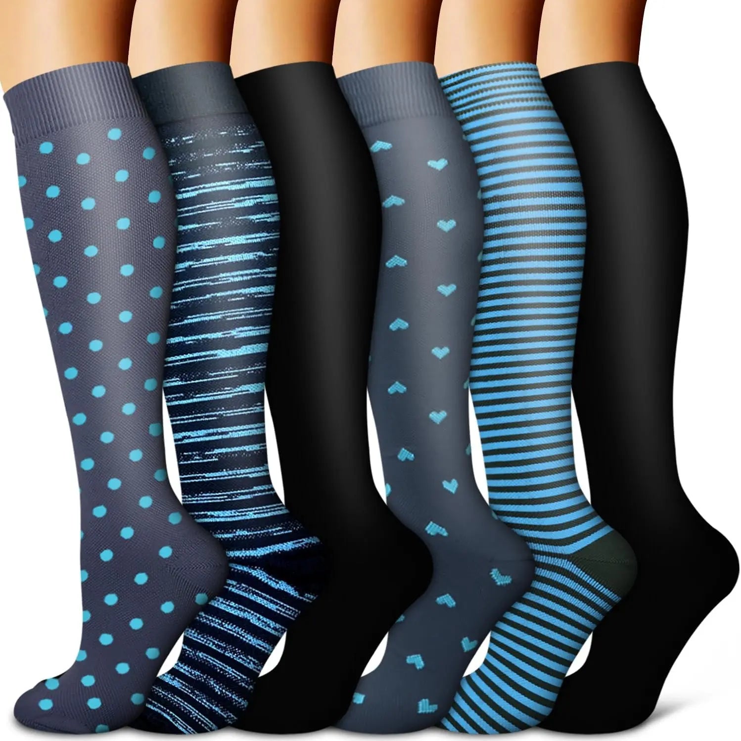 Tinylemon 6 Pairs Compression Socks for Women Men, 15-20 Mmhg Knee High Support Socks, Breathable Printed & Solid Socks for Nurses, Travel & Standing All Day