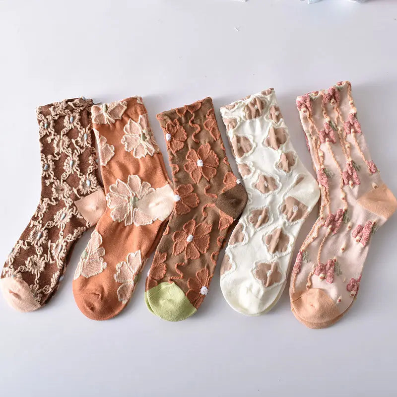 Women'S Crew Socks, Cute Floral Socks, Vintage Embroidered Floral Design, Ladies Girls Casual Socks,10 Pairs Womens Floral Socks, Spring Socks, Vintage Embroidered Floral Design, Comfortable Ankle Ruffled Socks for Women, Mother'S Day Gift