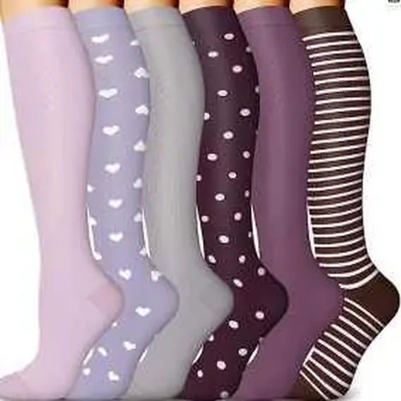 Tinylemon 6 Pairs Compression Socks for Women Men, 15-20 Mmhg Knee High Support Socks, Breathable Printed & Solid Socks for Nurses, Travel & Standing All Day