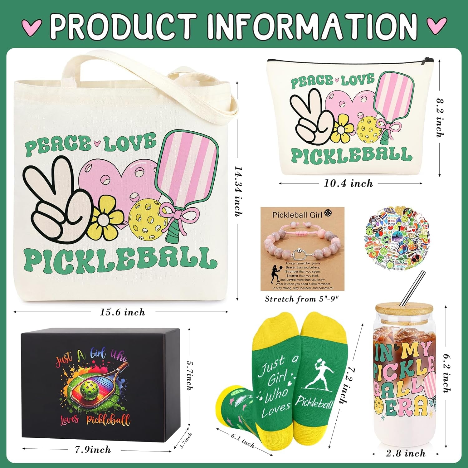 Pickleball Gifts for Women Pickleball Stuff Accessories for Girls Players | Pickleball 16OZ Glass Cup, Tote Bag, Makeup Bag, Bracelet, Funny Socks, Stickers Birthday Gifts for Sport Lovers & Players