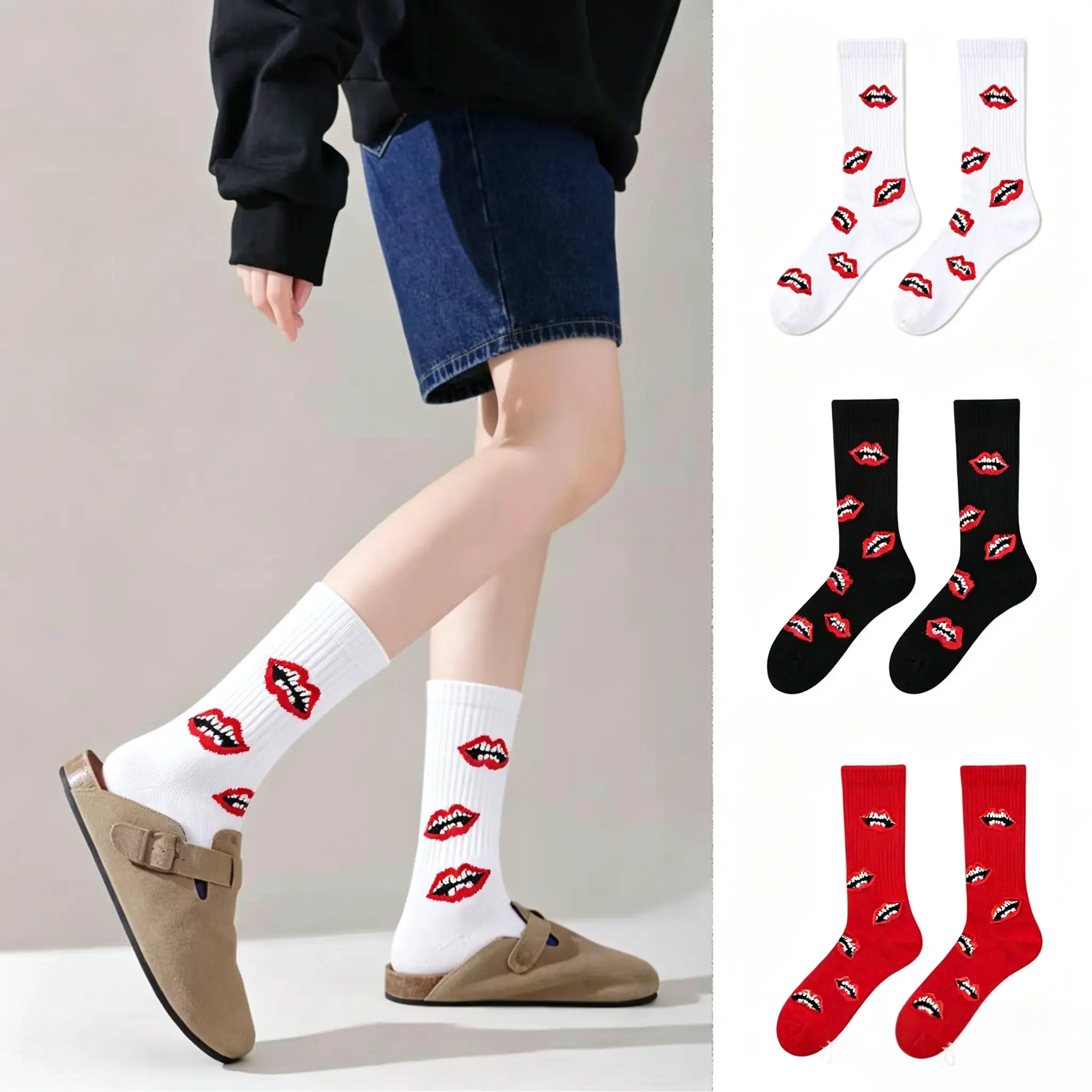 Happy to Socks Unisex Mid-Calf Socks, European & American Trendy Thick-Soled Lip Socks, Ideal Couple Gift