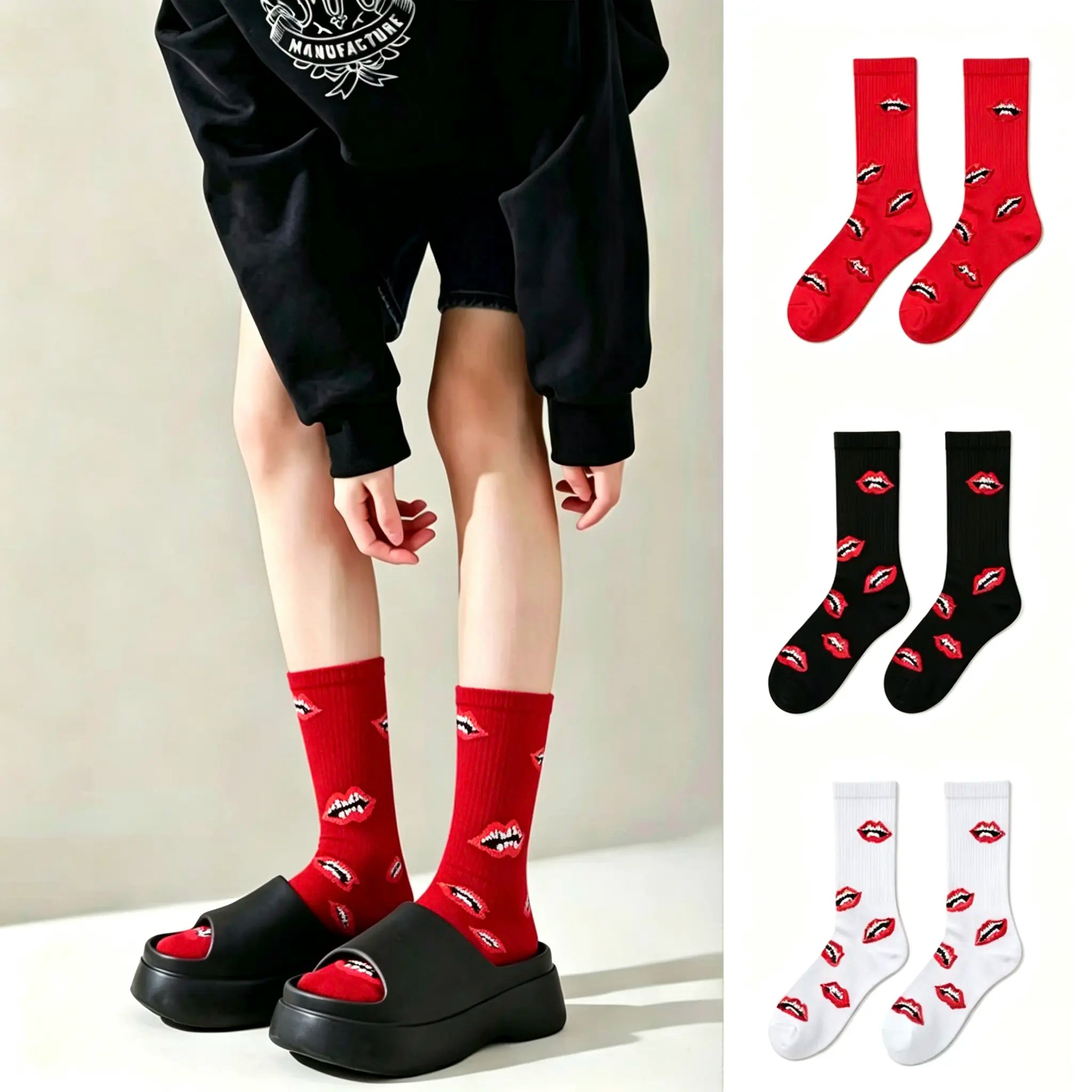 Happy to Socks Unisex Mid-Calf Socks, European & American Trendy Thick-Soled Lip Socks, Ideal Couple Gift