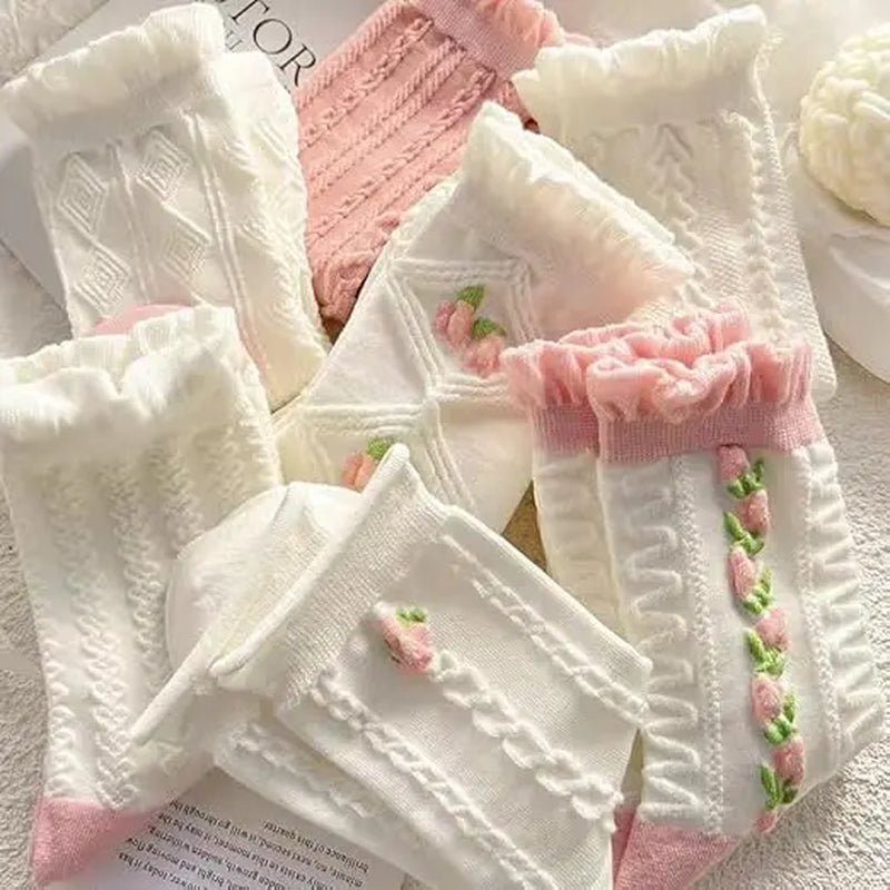 5 Pairs White Cute Socks,Christmas Socks Warm Gif,Pink Socks,Women'S Lace Ruffles Ankle Casual Sock, Cottagecore Breathable Mid Tube Socks,Floral Crew Socks