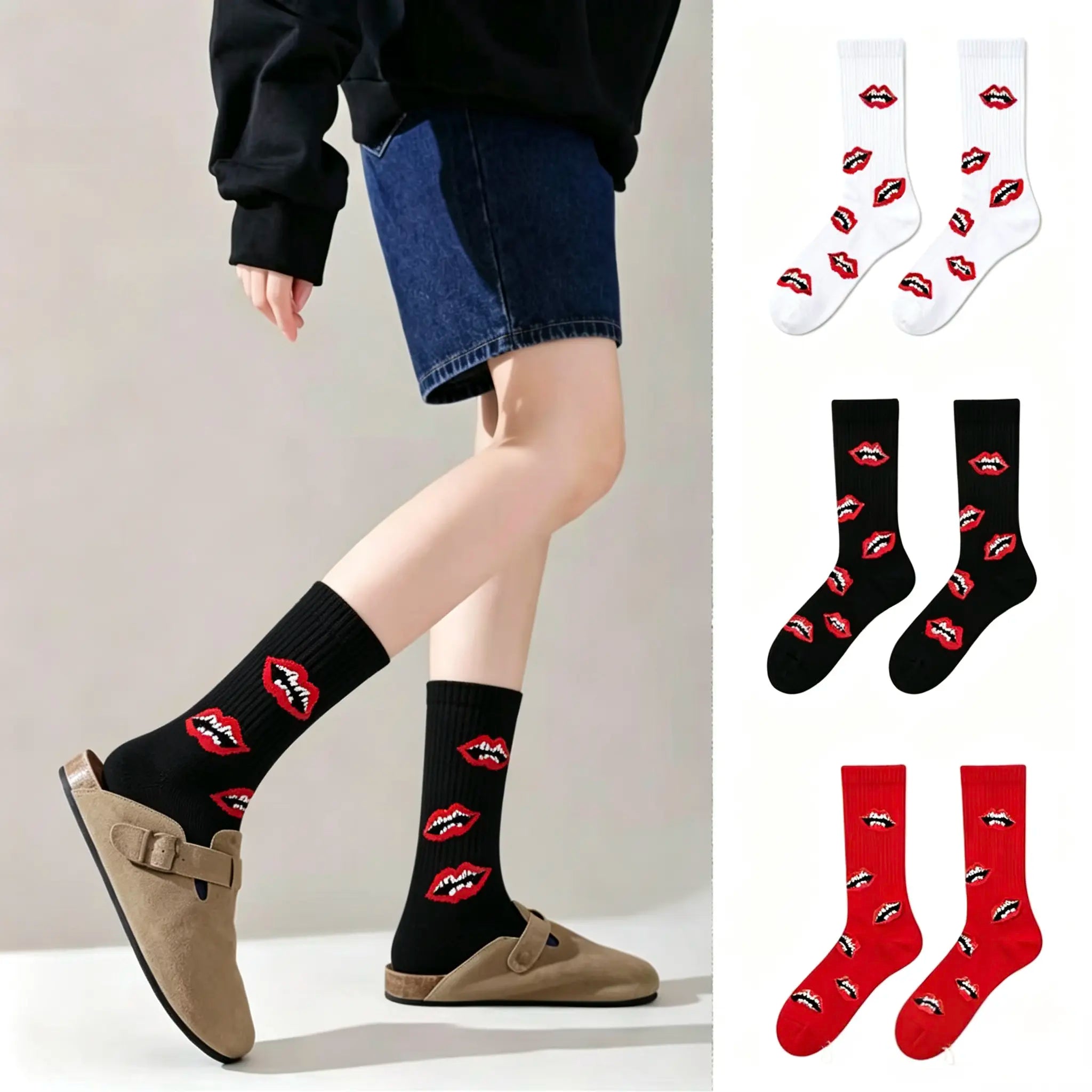 Happy to Socks Unisex Mid-Calf Socks, European & American Trendy Thick-Soled Lip Socks, Ideal Couple Gift