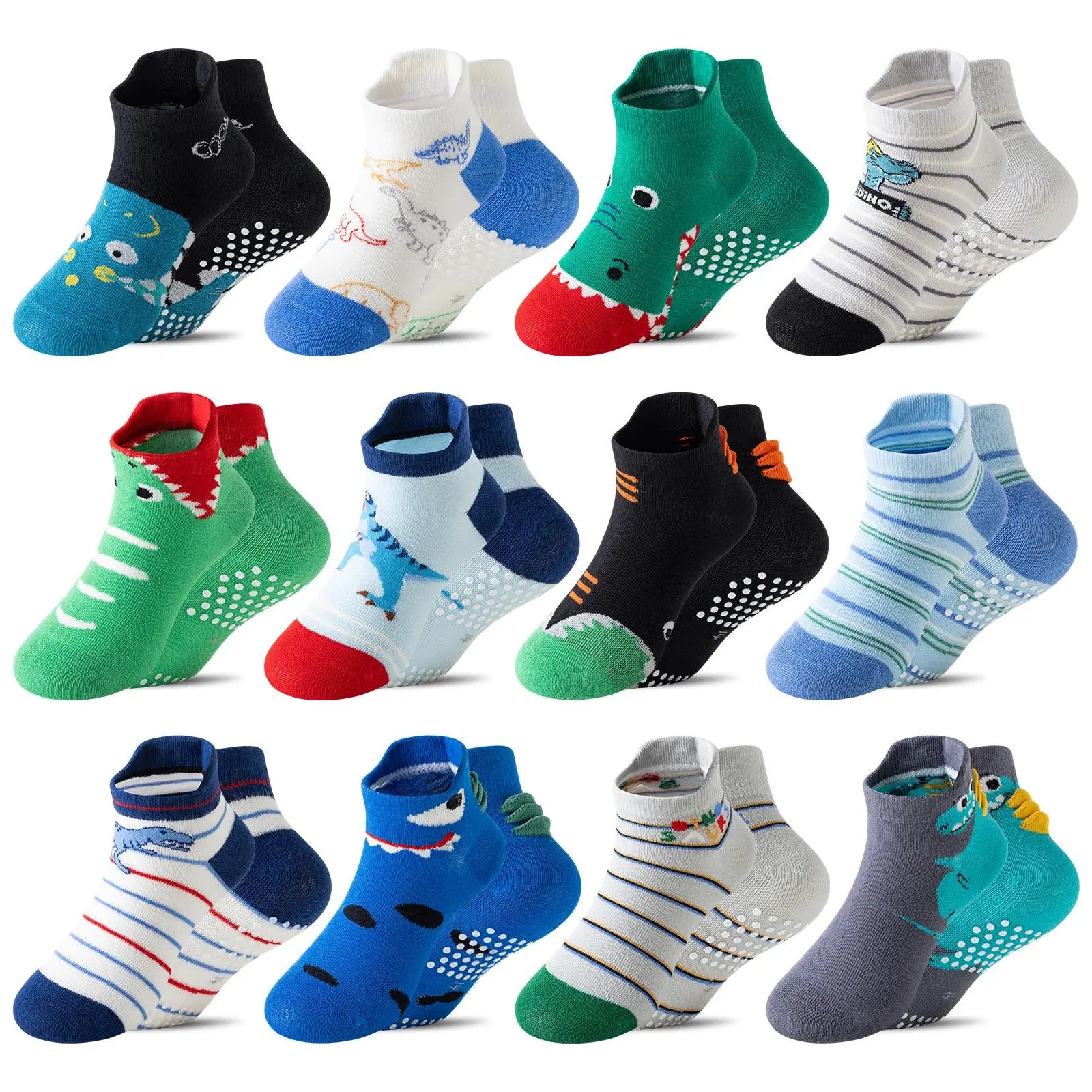 12 Pairs Baby Boys Toddlers Grips Socks Kids Non Slip anti Skid Ankle Cotton No Show Socks with Grippers Shark Socks
