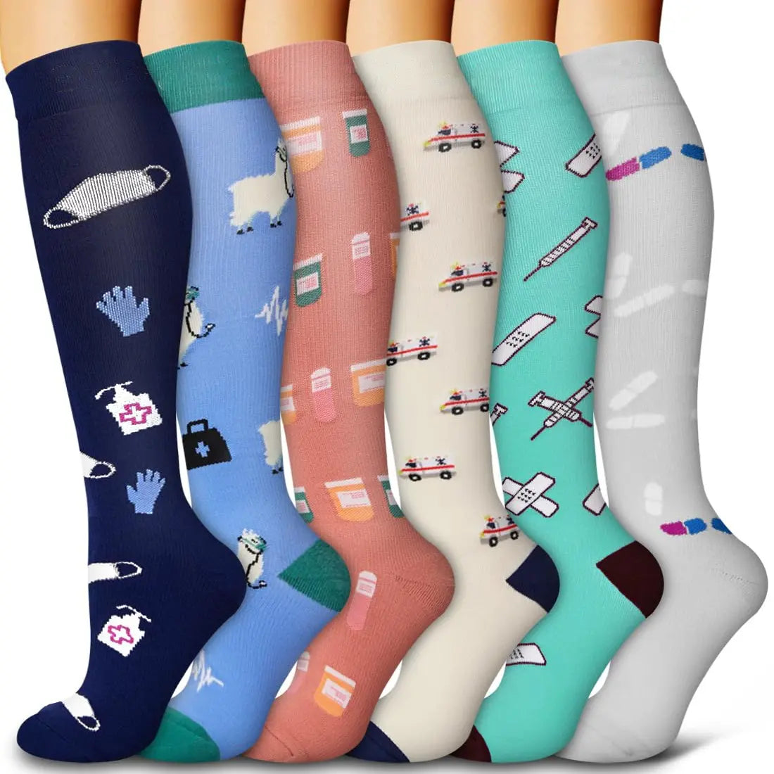 Tinylemon 6 Pairs Compression Socks for Women Men, 15-20 Mmhg Knee High Support Socks, Breathable Printed & Solid Socks for Nurses, Travel & Standing All Day