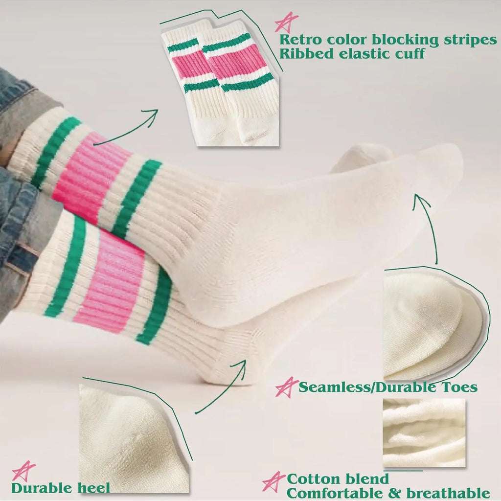 Fun Novelty Retro Striped Crew Socks for Women Sporty Calf Casual Cotton Tube Socks Women 3 Pairs Natural 88% Cotton Crew Socks - Seamless, Breathable, Cozy Spring and Summer Socks for Women 5.5~10.5