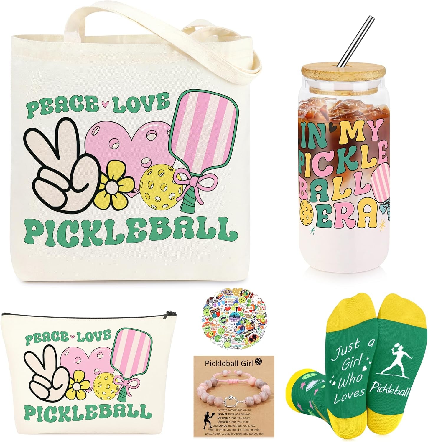 Pickleball Gifts for Women Pickleball Stuff Accessories for Girls Players | Pickleball 16OZ Glass Cup, Tote Bag, Makeup Bag, Bracelet, Funny Socks, Stickers Birthday Gifts for Sport Lovers & Players