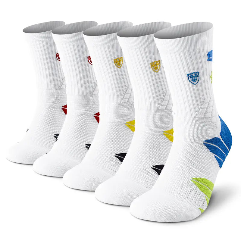 Men'S Preppy Striped Mid-Calf Crew Socks (5 Pairs) - Arch Support, Moisture-Absorbing, Sweat-Wicking, Injury-Preventing, Machine Washable, All-Season Menswear Socks, 2 White Red 2 White Yellow 1 White Blue, All Seasons
