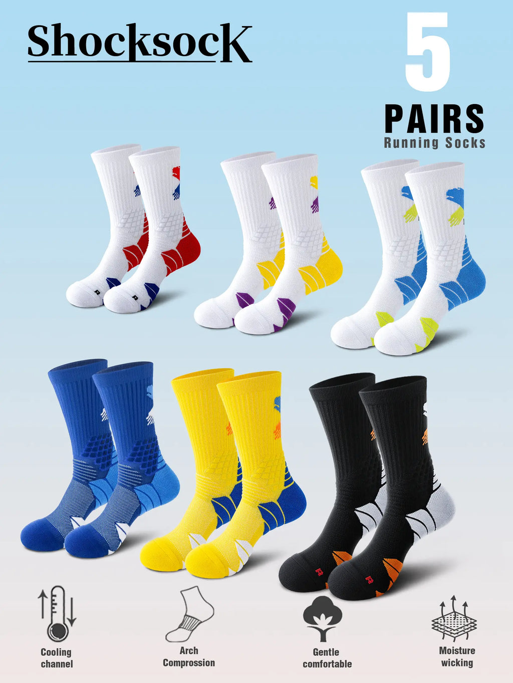 Men'S Preppy Striped Mid-Calf Crew Socks (5 Pairs) - Arch Support, Moisture-Absorbing, Sweat-Wicking, Injury-Preventing, Machine Washable, All-Season Menswear Socks, 2 White Red 2 White Yellow 1 White Blue, All Seasons