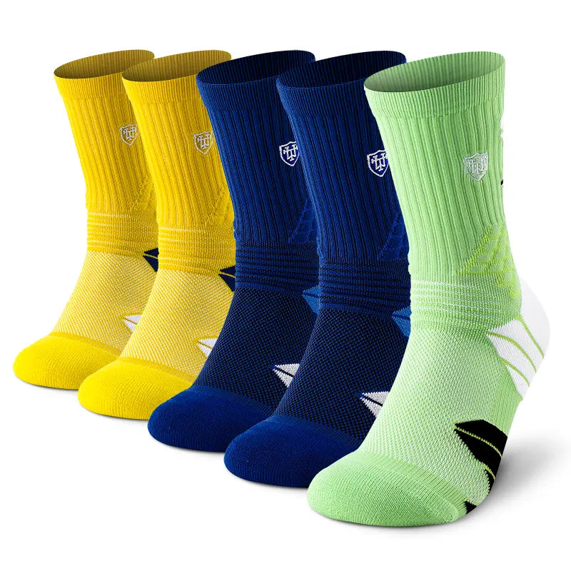 Men'S Preppy Striped Mid-Calf Crew Socks (5 Pairs) - Arch Support, Moisture-Absorbing, Sweat-Wicking, Injury-Preventing, Machine Washable, All-Season Menswear Socks, 2 White Red 2 White Yellow 1 White Blue, All Seasons