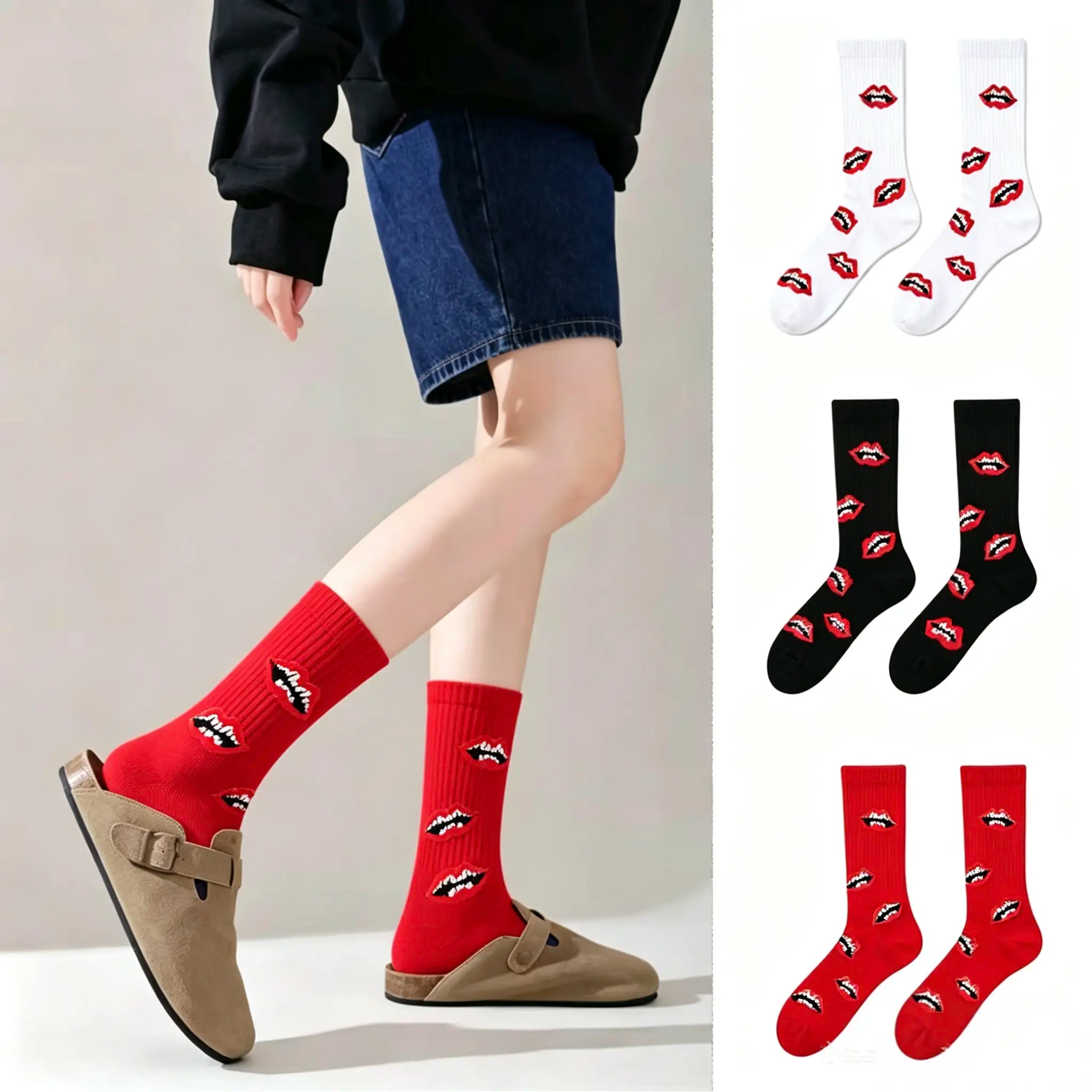 Happy to Socks Unisex Mid-Calf Socks, European & American Trendy Thick-Soled Lip Socks, Ideal Couple Gift