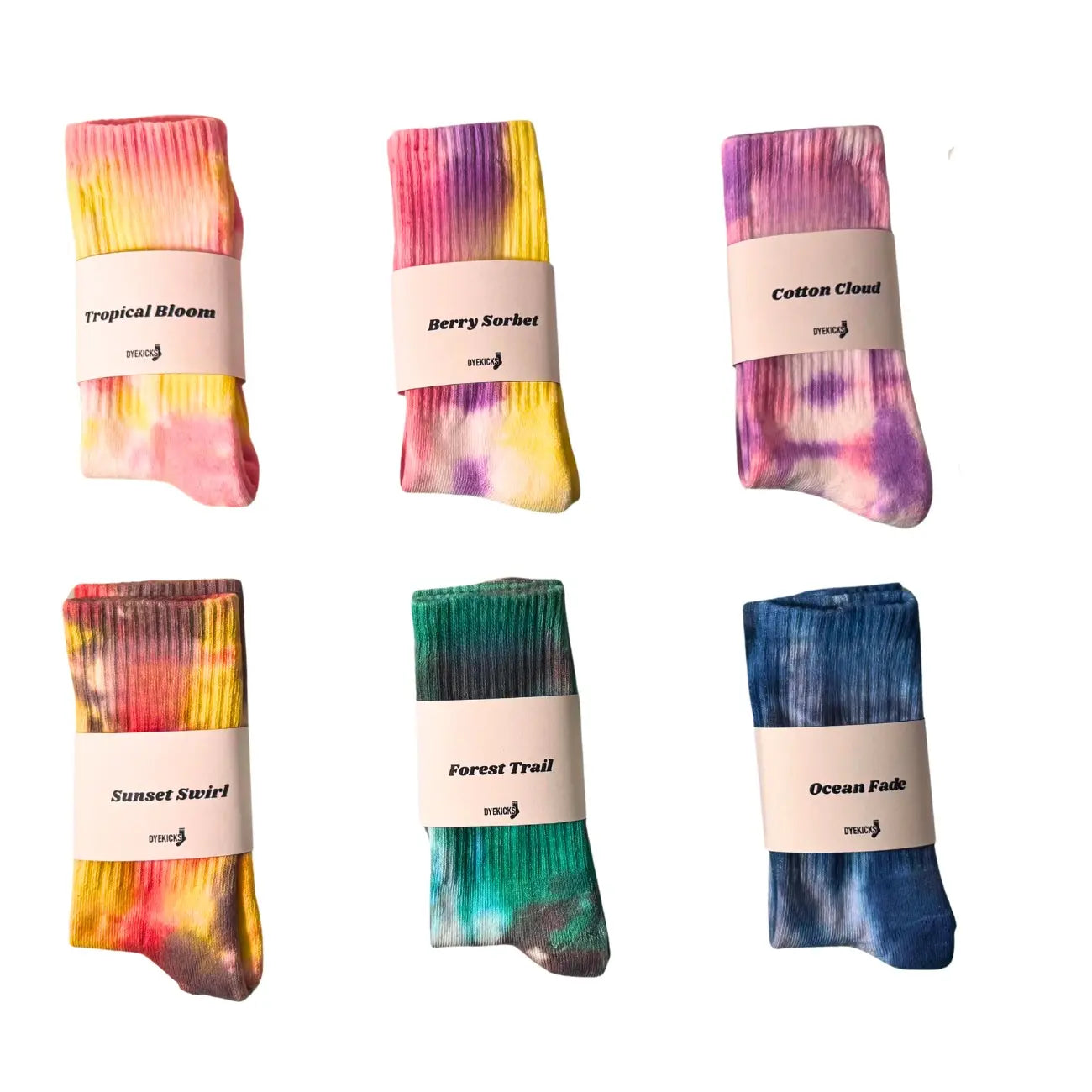 Max Tie-Dye Crew Socks Handmade Colorful & Aesthetic Cotton Socks Tropical Bloom Berry Sorbet Cotton Cloud Sunset Swirl Forest Trail Ocean Fade