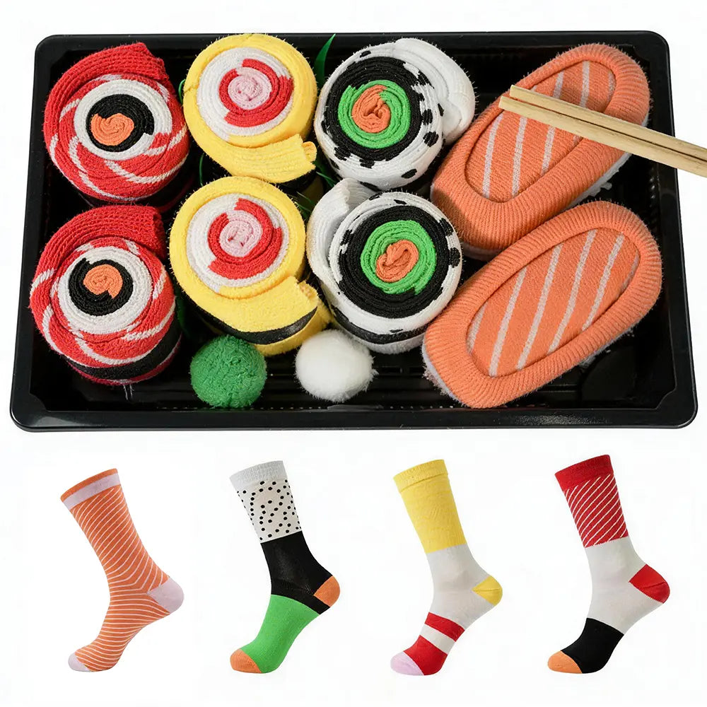 Unisex Crew Socks - 4-Pair Set with Trendy Sushi Design, Soft and Breathable for Everyday Comfort and Festive Occasions, Ideal Gift for Women, Birthdays, Thanksgiving, and Parties