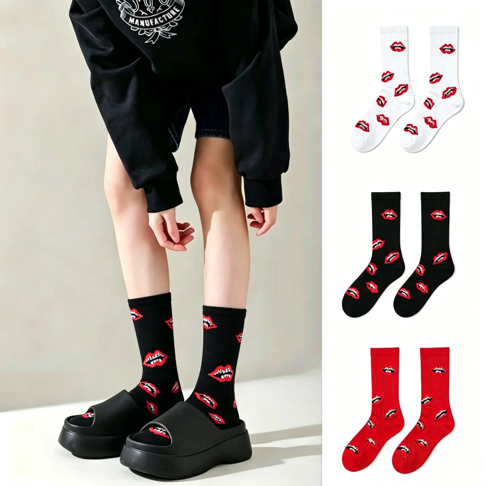 Happy to Socks Unisex Mid-Calf Socks, European & American Trendy Thick-Soled Lip Socks, Ideal Couple Gift