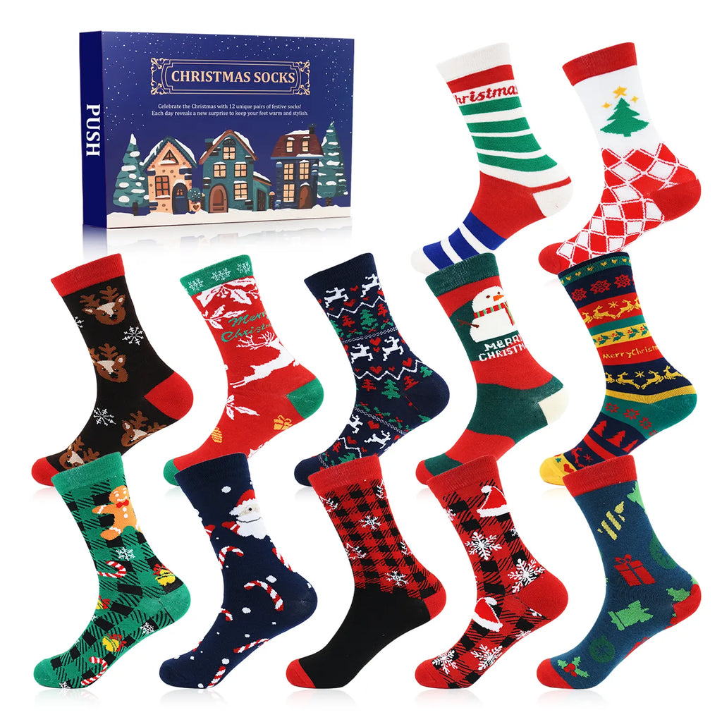 2026 Christmas Gift 12 Days of Christmas Warm Socks for Men – 12 Pairs of Holiday Socks with Christmas Tree, Elk & Snowman Designs, Perfect Christmas Gifts for Grandpa, Holiday Party Gifts, Menswear Style