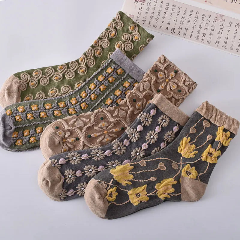 Women'S Crew Socks, Cute Floral Socks, Vintage Embroidered Floral Design, Ladies Girls Casual Socks,10 Pairs Womens Floral Socks, Spring Socks, Vintage Embroidered Floral Design, Comfortable Ankle Ruffled Socks for Women, Mother'S Day Gift