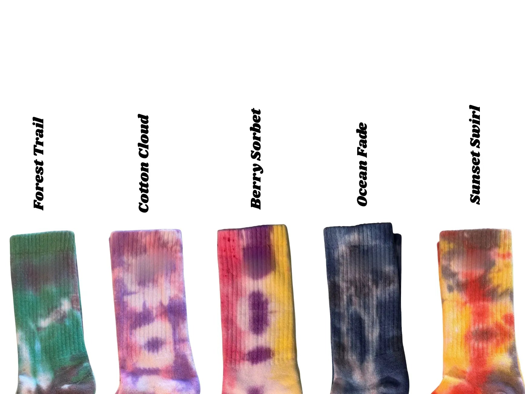 Max Tie-Dye Crew Socks Handmade Colorful & Aesthetic Cotton Socks Tropical Bloom Berry Sorbet Cotton Cloud Sunset Swirl Forest Trail Ocean Fade