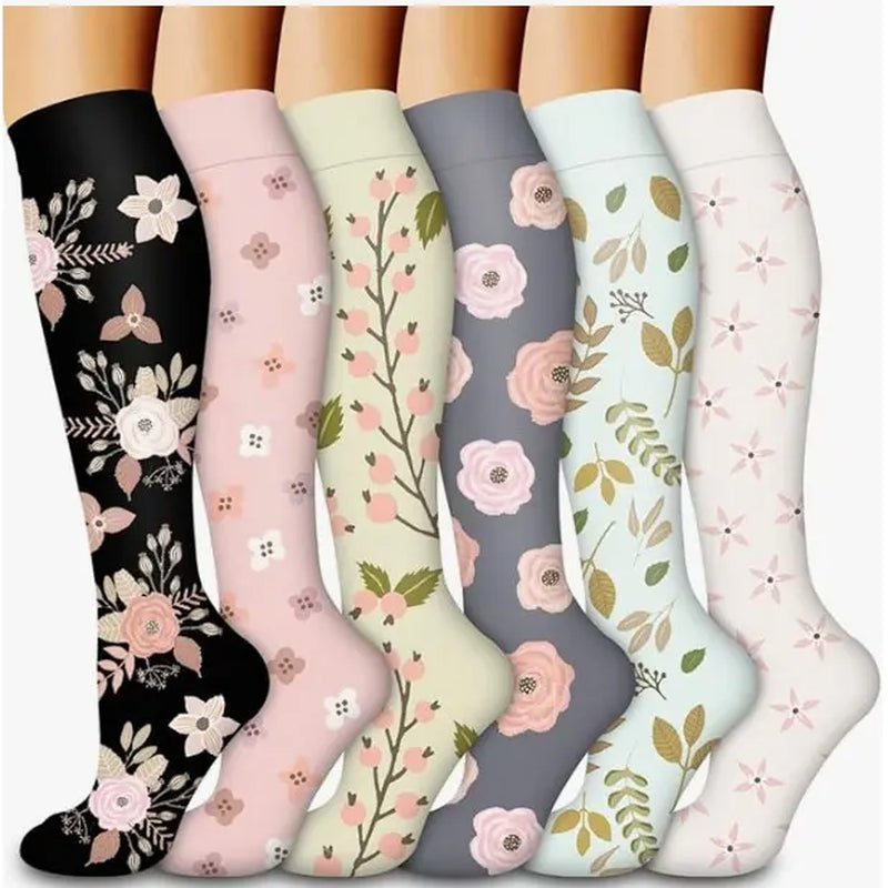 Tinylemon 6 Pairs Compression Socks for Women Men, 15-20 Mmhg Knee High Support Socks, Breathable Printed & Solid Socks for Nurses, Travel & Standing All Day