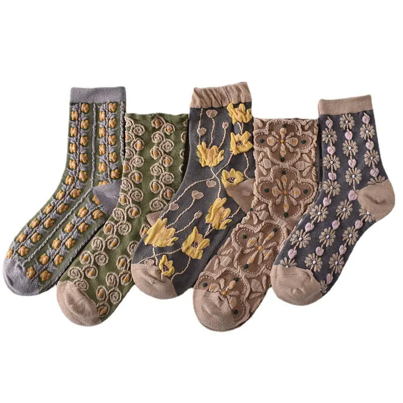 Women'S Crew Socks, Cute Floral Socks, Vintage Embroidered Floral Design, Ladies Girls Casual Socks,10 Pairs Womens Floral Socks, Spring Socks, Vintage Embroidered Floral Design, Comfortable Ankle Ruffled Socks for Women, Mother'S Day Gift