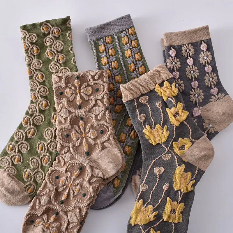 Women'S Crew Socks, Cute Floral Socks, Vintage Embroidered Floral Design, Ladies Girls Casual Socks,10 Pairs Womens Floral Socks, Spring Socks, Vintage Embroidered Floral Design, Comfortable Ankle Ruffled Socks for Women, Mother'S Day Gift