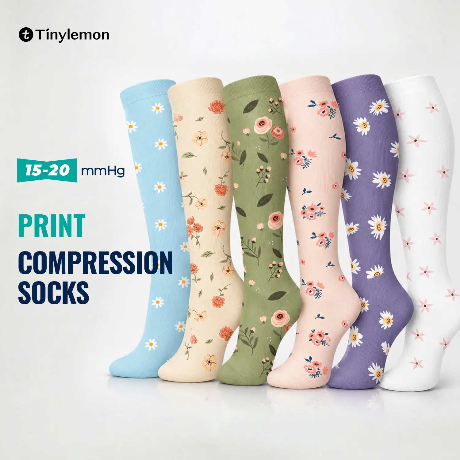 Tinylemon 6 Pairs Compression Socks for Women Men, 15-20 Mmhg Knee High Support Socks, Breathable Printed & Solid Socks for Nurses, Travel & Standing All Day