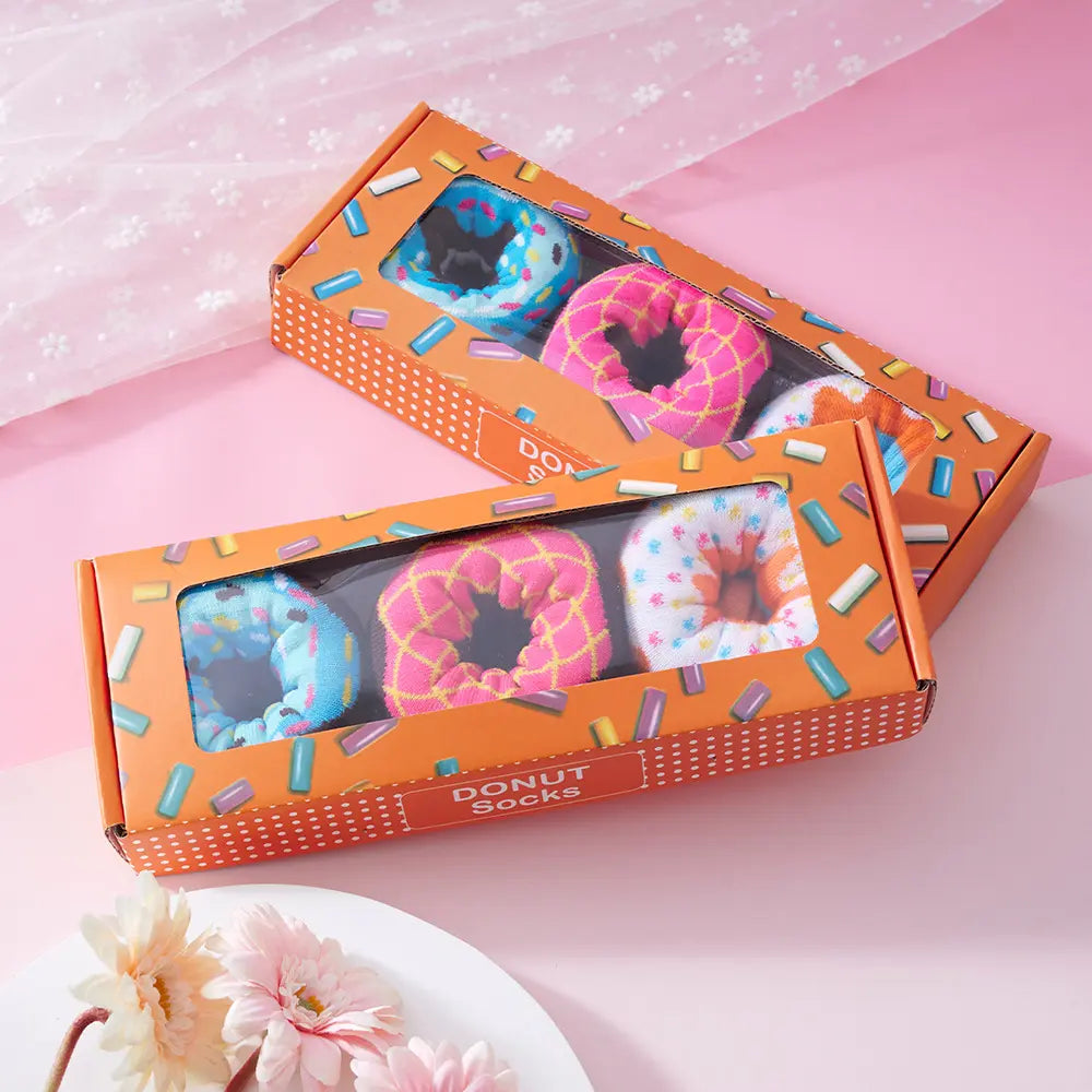 Unisex Crew Socks 3-Pair Gift Box, Novelty Donut & Candy Pattern with a Fun Twist, Soft Breathable Fabric for All-Season Wear, Birthday, Thanksgiving, Chinese New Year Outfit Love, Fantasy, Valentines Day, Vibrant, Graphic Womenswear Fashion, Foldable, Ch