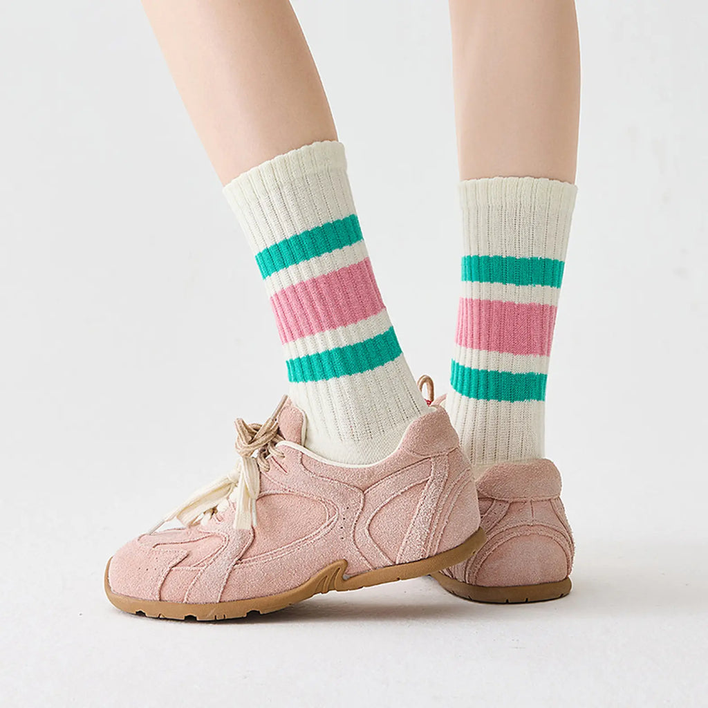 Fun Novelty Retro Striped Crew Socks for Women Sporty Calf Casual Cotton Tube Socks Women 3 Pairs Natural 88% Cotton Crew Socks - Seamless, Breathable, Cozy Spring and Summer Socks for Women 5.5~10.5