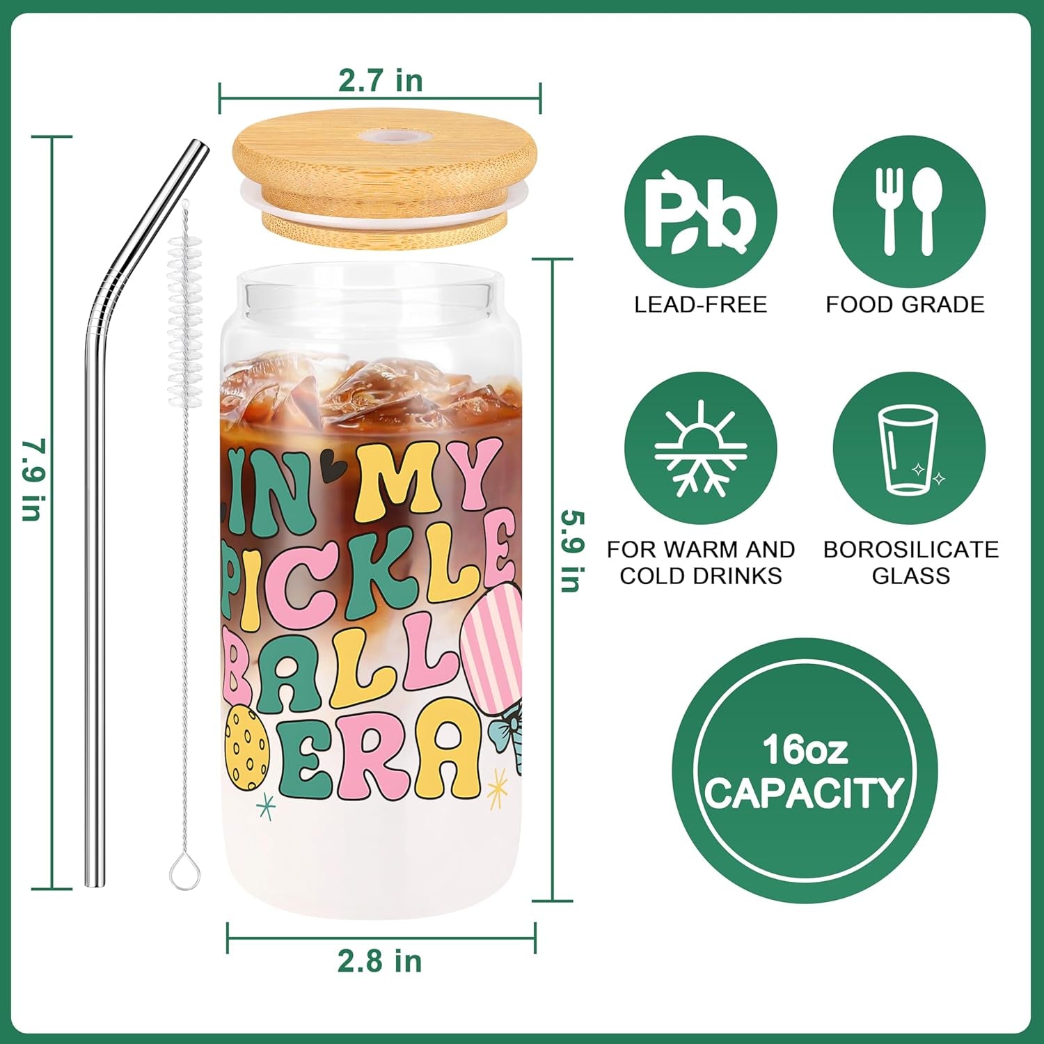 Pickleball Gifts for Women Pickleball Stuff Accessories for Girls Players | Pickleball 16OZ Glass Cup, Tote Bag, Makeup Bag, Bracelet, Funny Socks, Stickers Birthday Gifts for Sport Lovers & Players