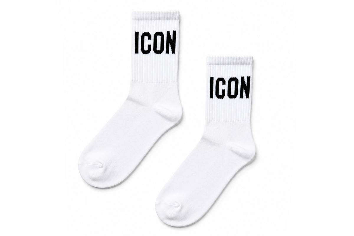 White cotton crew socks with black block lettering, flat product view