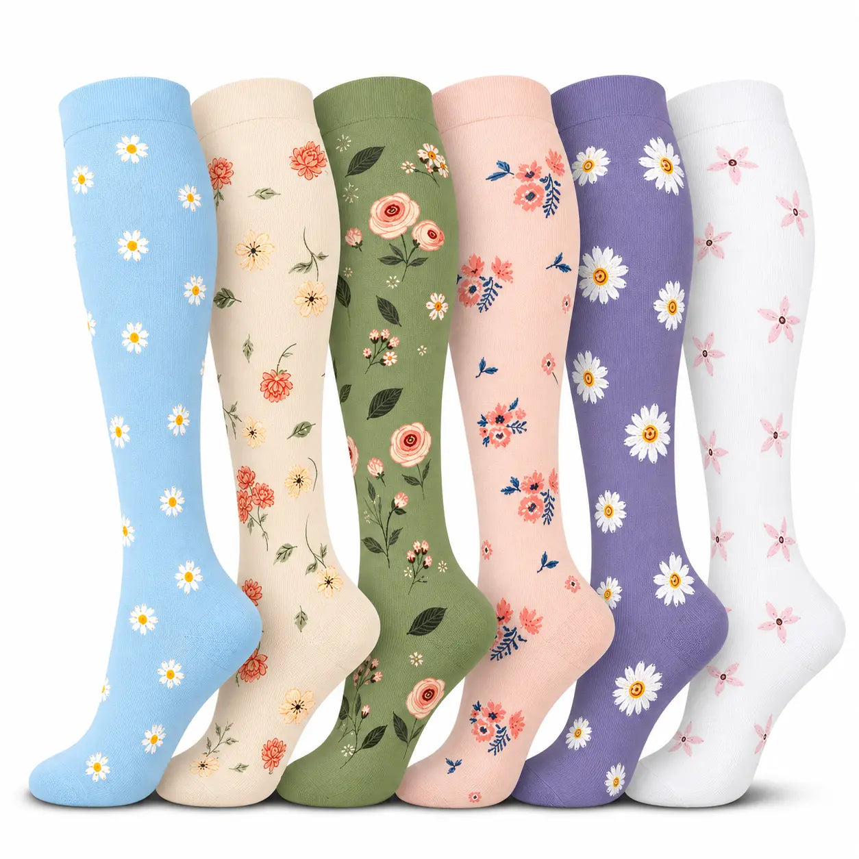 Tinylemon 6 Pairs Compression Socks for Women Men, 15-20 Mmhg Knee High Support Socks, Breathable Printed & Solid Socks for Nurses, Travel & Standing All Day