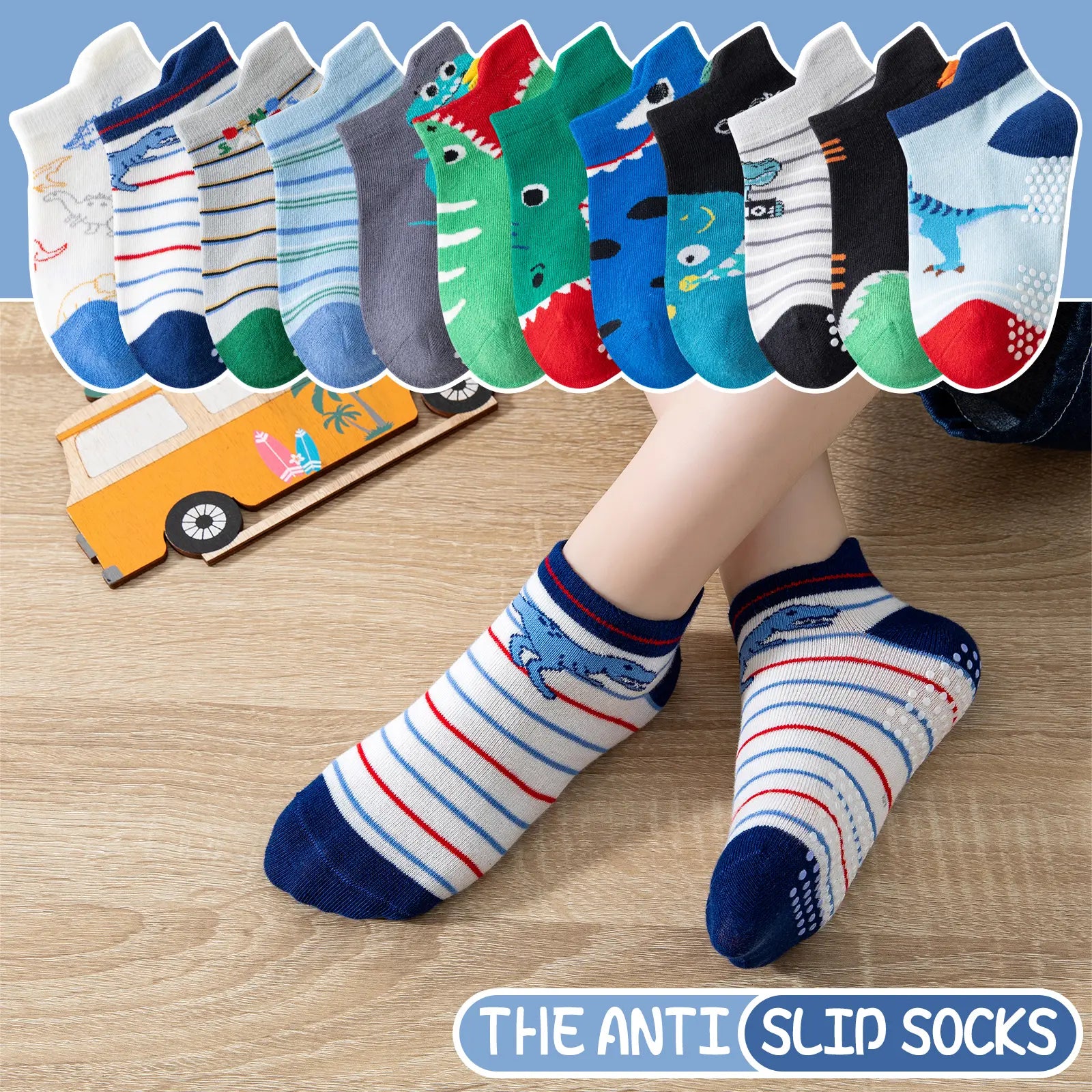 12 Pairs Baby Boys Toddlers Grips Socks Kids Non Slip anti Skid Ankle Cotton No Show Socks with Grippers Shark Socks